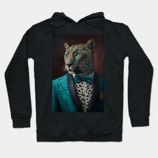 Cyan Leopard in a Tuxedo Hoodie